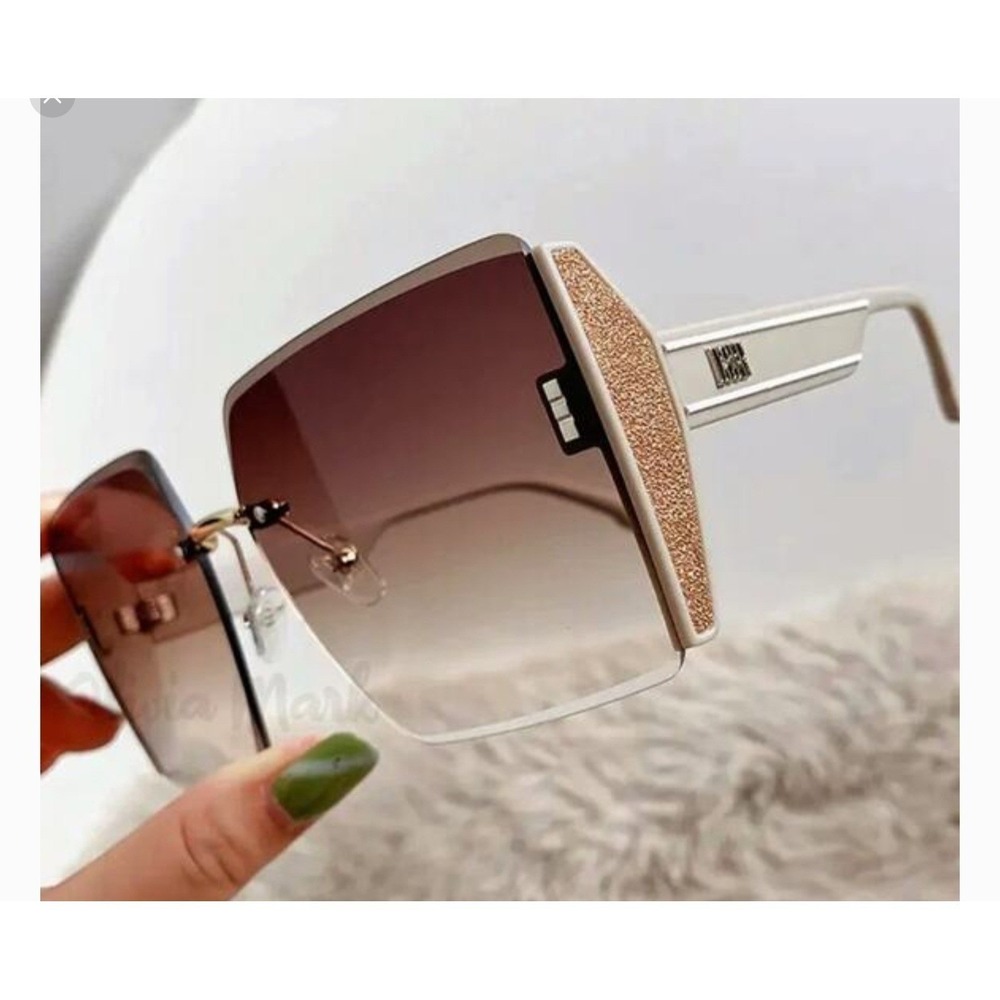 Women Oversized Rimless Sq. Sunglasses Gold‎ Glitter Cream Frame Brown Gradient